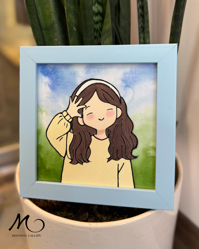 تابلو ویترای دستساز با قاب آبی و طرح دختر