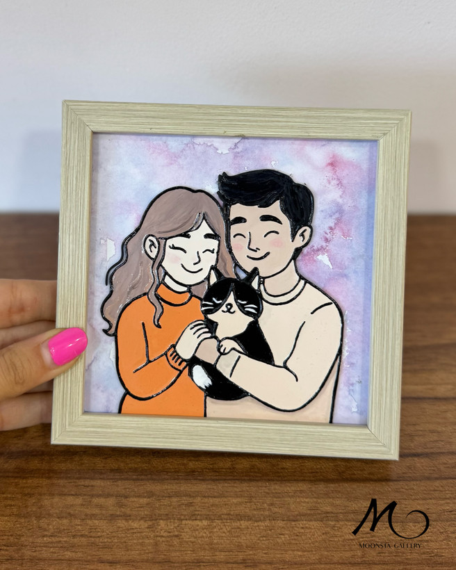تابلو ویترای زوج و گربه با طراحی فانتزی