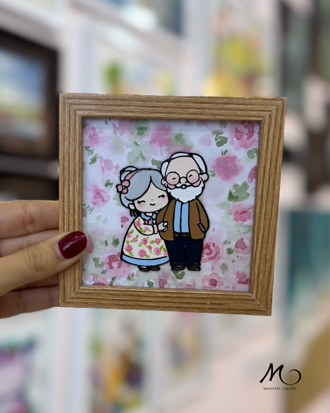 تابلو ویترای زوج سالمند عاشقانه دستساز با قاب چوبی